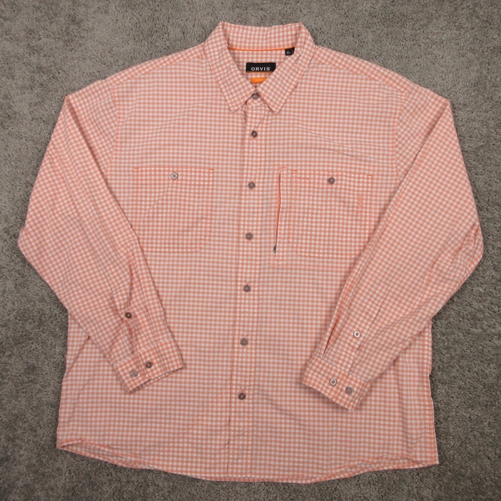 Orvis Shirt Mens XL Orange Gingham Check Active Fit Performance Fishing Outdoor